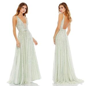 Size 12 - Mac Duggal Mint Sequin Plunge Neck‎ Gown Prom Dress